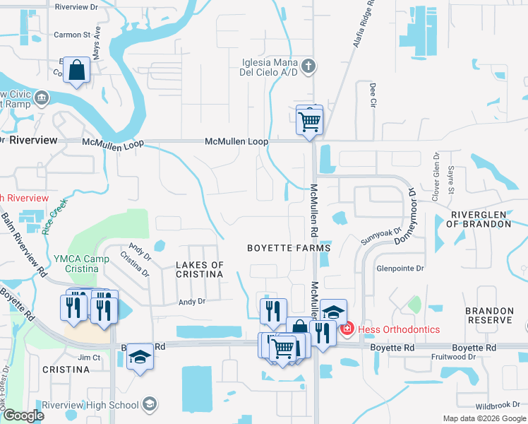 map of restaurants, bars, coffee shops, grocery stores, and more near 11610 Grove Arcade Drive in Riverview