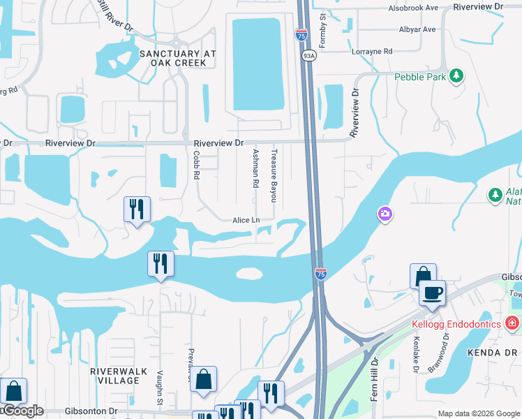 map of restaurants, bars, coffee shops, grocery stores, and more near 8837 Treasure Bayou in Riverview