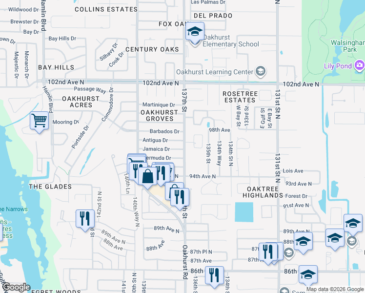 map of restaurants, bars, coffee shops, grocery stores, and more near 13706 Antigua Drive in Seminole