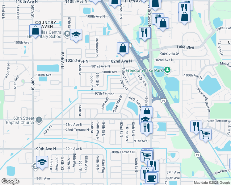 map of restaurants, bars, coffee shops, grocery stores, and more near 5260 98th Avenue in Pinellas Park