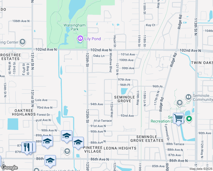 map of restaurants, bars, coffee shops, grocery stores, and more near 9667 123rd Way in Seminole