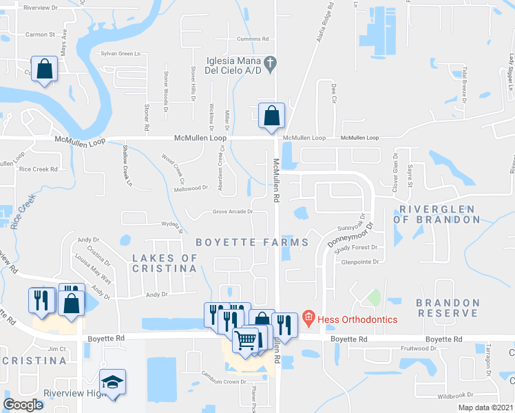 map of restaurants, bars, coffee shops, grocery stores, and more near 11704 Grove Arcade Drive in Riverview