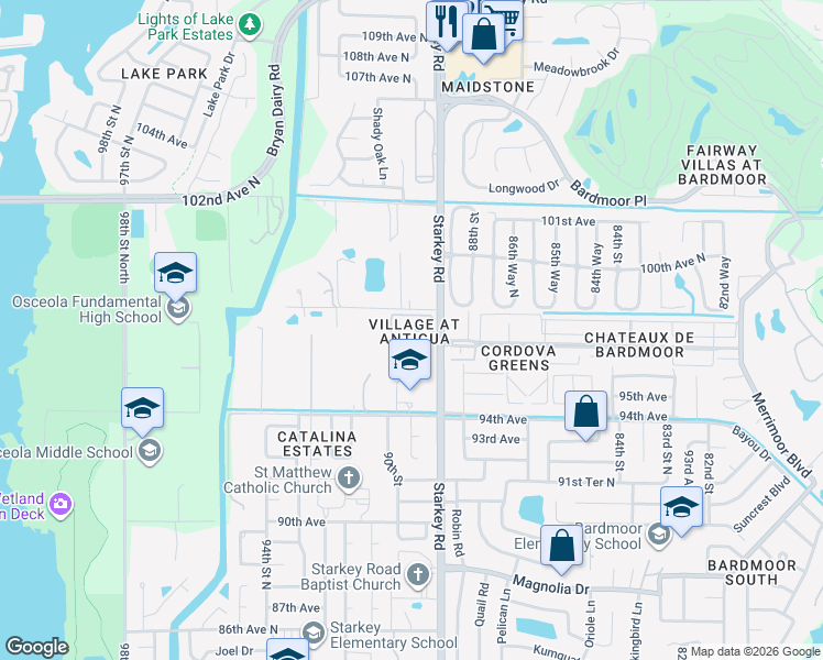 map of restaurants, bars, coffee shops, grocery stores, and more near 9700 Starkey Road in Largo