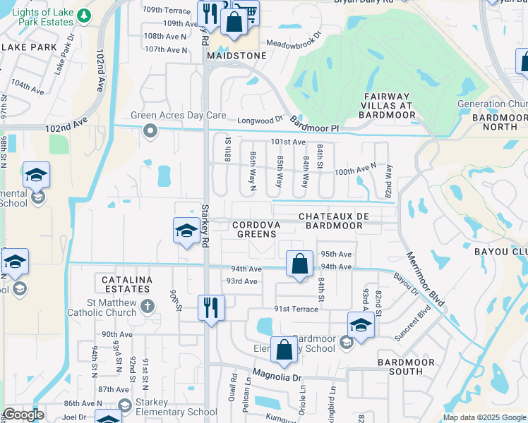 map of restaurants, bars, coffee shops, grocery stores, and more near 8693 Bardmoor Boulevard in Seminole