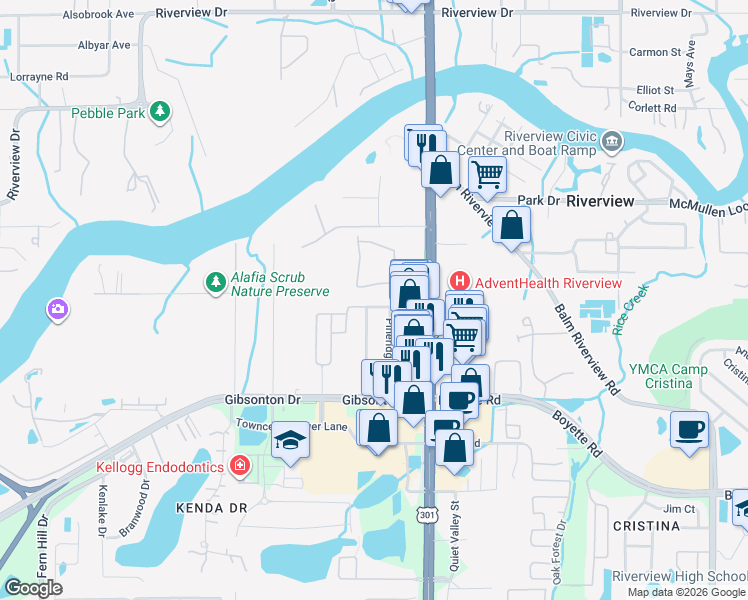 map of restaurants, bars, coffee shops, grocery stores, and more near 10525 Shady Falls Court in Riverview