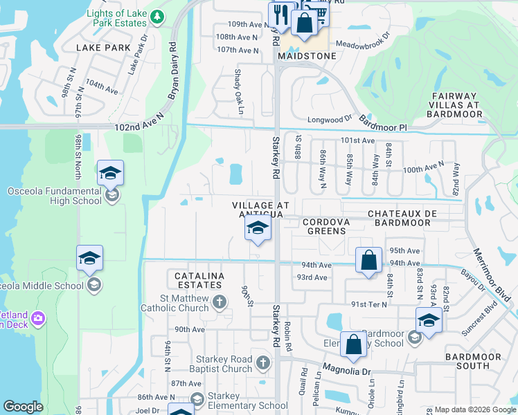 map of restaurants, bars, coffee shops, grocery stores, and more near 9700 Starkey Road in Largo