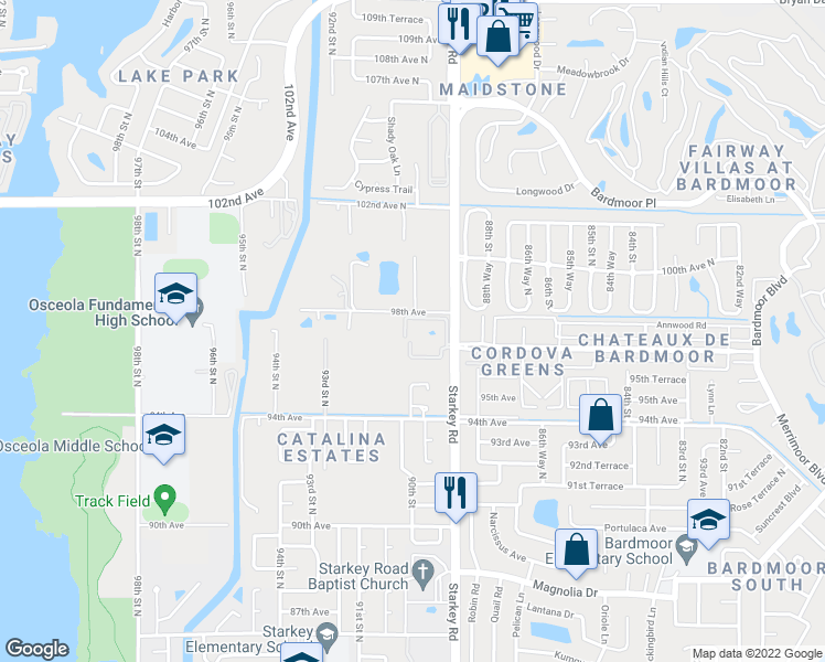 map of restaurants, bars, coffee shops, grocery stores, and more near 9700 Starkey Road in Largo