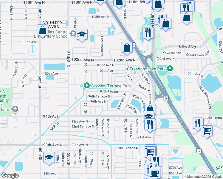 map of restaurants, bars, coffee shops, grocery stores, and more near 5301 97th Terrace in Pinellas Park