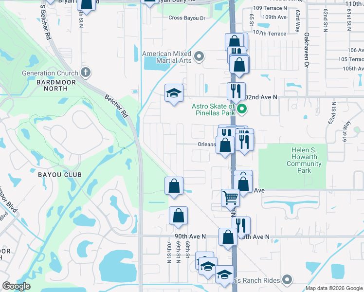 map of restaurants, bars, coffee shops, grocery stores, and more near 9790 66th Street North in Pinellas Park
