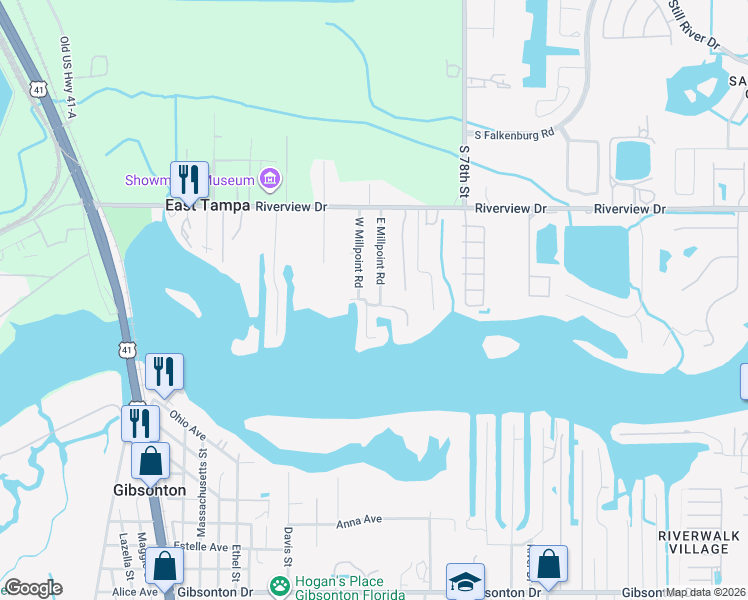 map of restaurants, bars, coffee shops, grocery stores, and more near 7502 Lone Star Place in Riverview