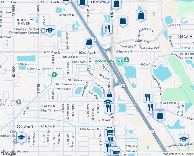 map of restaurants, bars, coffee shops, grocery stores, and more near 5100 98th Avenue North in Pinellas Park