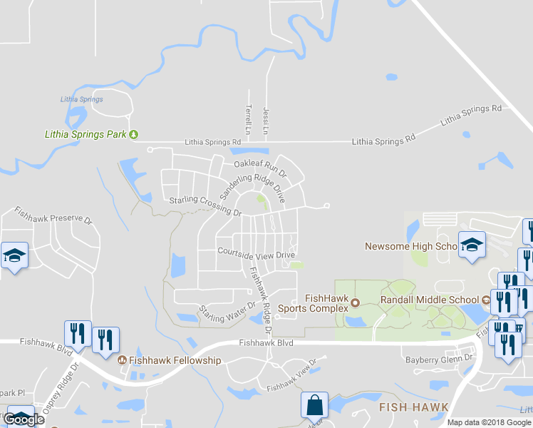 map of restaurants, bars, coffee shops, grocery stores, and more near 15808 Starling Crossing Drive in Lithia