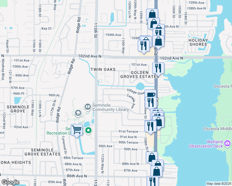 map of restaurants, bars, coffee shops, grocery stores, and more near 11097 Temple Avenue in Seminole