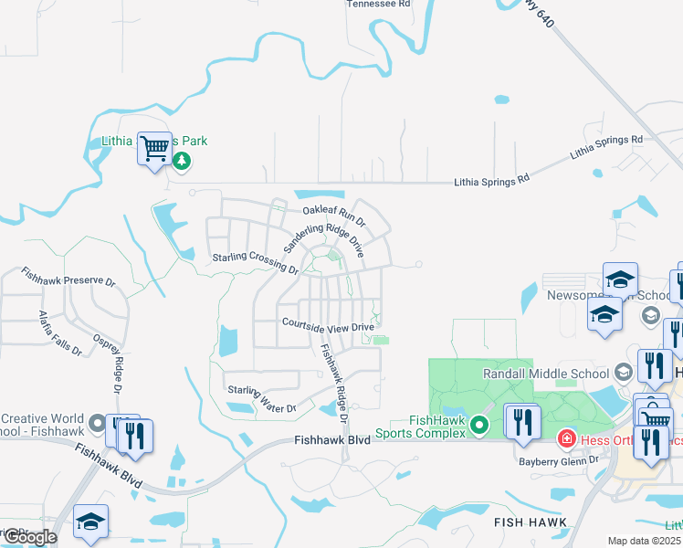 map of restaurants, bars, coffee shops, grocery stores, and more near 15808 Starling Crossing Drive in Lithia