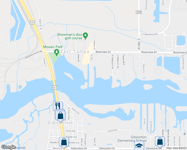 map of restaurants, bars, coffee shops, grocery stores, and more near 9406 Oak Street in Riverview