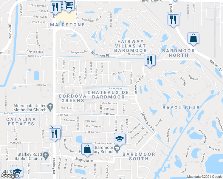map of restaurants, bars, coffee shops, grocery stores, and more near 8356 Annwood Road in Seminole