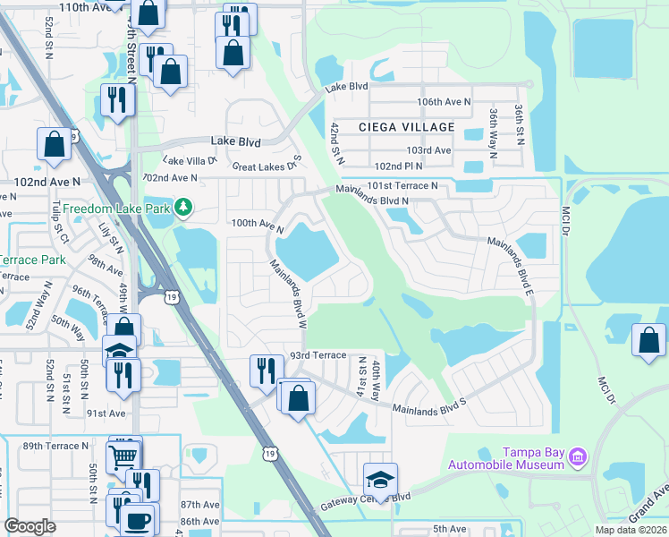 map of restaurants, bars, coffee shops, grocery stores, and more near 4145 96th Terrace North in Pinellas Park