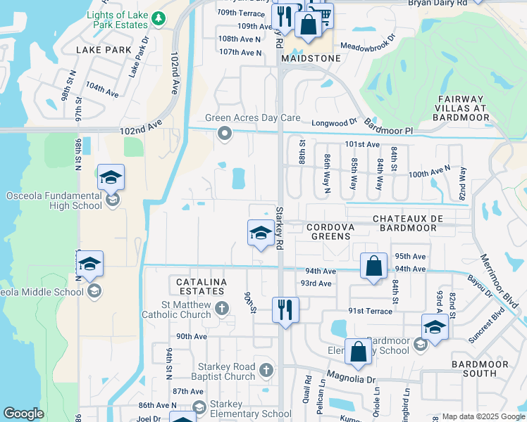 map of restaurants, bars, coffee shops, grocery stores, and more near 9700 Starkey Road in Largo