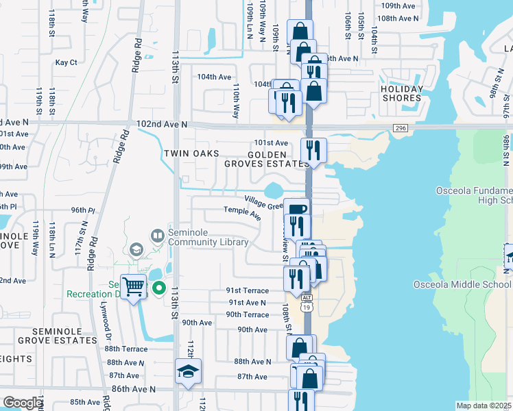 map of restaurants, bars, coffee shops, grocery stores, and more near 11000 Village Green Avenue in Seminole