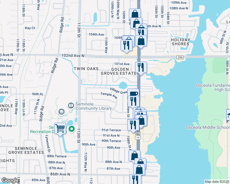map of restaurants, bars, coffee shops, grocery stores, and more near 11000 Village Green Avenue in Seminole