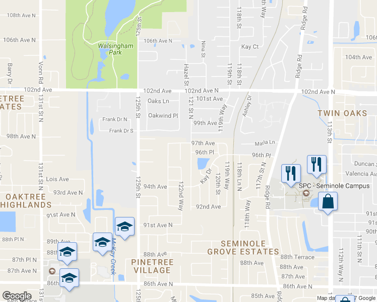 map of restaurants, bars, coffee shops, grocery stores, and more near 9714 121 Street North in Seminole