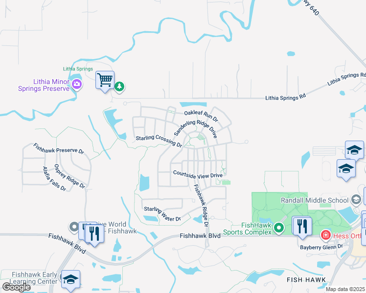 map of restaurants, bars, coffee shops, grocery stores, and more near 15608 Starling Crossing Drive in Lithia