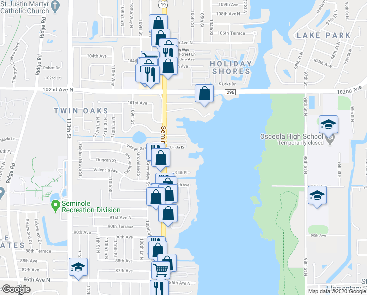 map of restaurants, bars, coffee shops, grocery stores, and more near 125 Linda Drive in Seminole