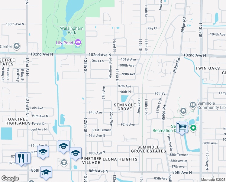 map of restaurants, bars, coffee shops, grocery stores, and more near 9714 121 Street North in Seminole