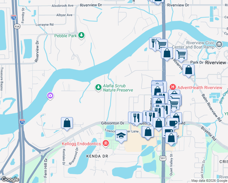 map of restaurants, bars, coffee shops, grocery stores, and more near 8821 Mathog Road in Riverview
