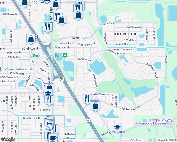 map of restaurants, bars, coffee shops, grocery stores, and more near 9720 Mainlands Boulevard North in Pinellas Park