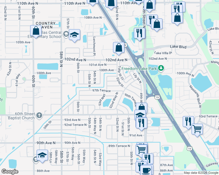 map of restaurants, bars, coffee shops, grocery stores, and more near 5260 98th Avenue in Pinellas Park