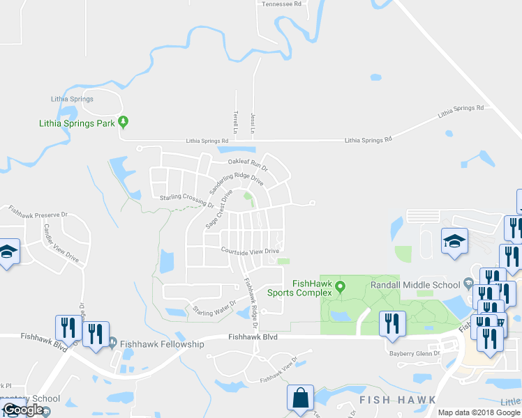 map of restaurants, bars, coffee shops, grocery stores, and more near 15906 Starling Crossing Drive in Lithia