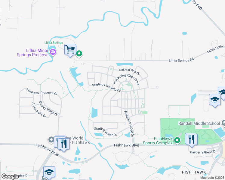 map of restaurants, bars, coffee shops, grocery stores, and more near 5302 Sanderling Ridge Drive in Lithia