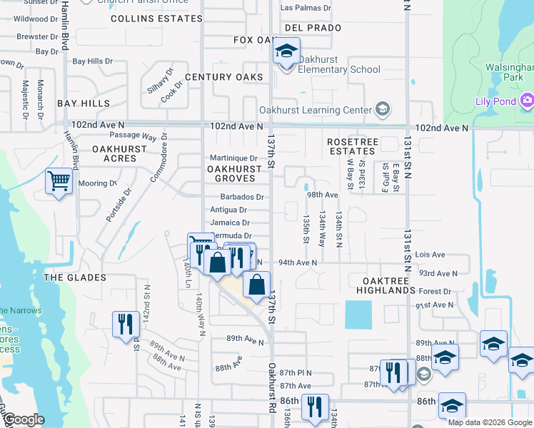 map of restaurants, bars, coffee shops, grocery stores, and more near 13706 Antigua Drive in Seminole