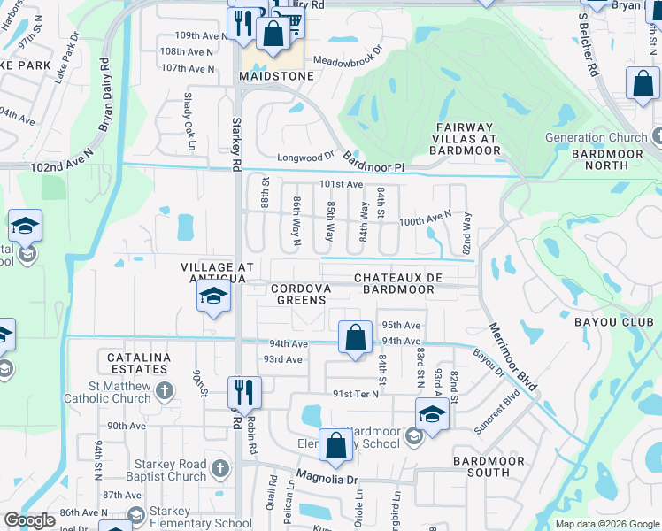 map of restaurants, bars, coffee shops, grocery stores, and more near 8424 Annwood Road in Seminole