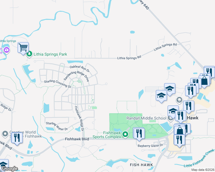 map of restaurants, bars, coffee shops, grocery stores, and more near 16127 Starling Crossing Drive in Lithia
