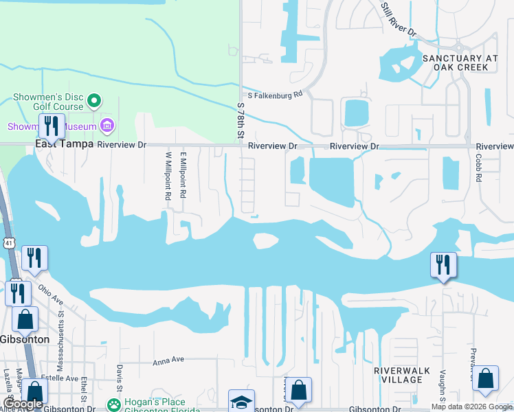 map of restaurants, bars, coffee shops, grocery stores, and more near 8805 Barcin Circle in Riverview