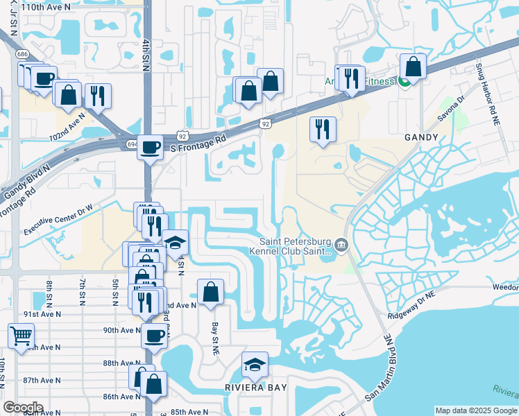 map of restaurants, bars, coffee shops, grocery stores, and more near 9760 Oak Street Northeast in St. Petersburg