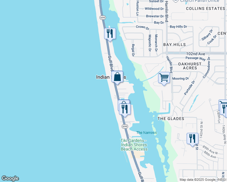 map of restaurants, bars, coffee shops, grocery stores, and more near 19812 Gulf Boulevard in Indian Shores