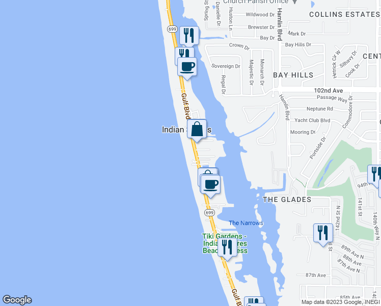map of restaurants, bars, coffee shops, grocery stores, and more near 19812 Gulf Boulevard in Indian Shores
