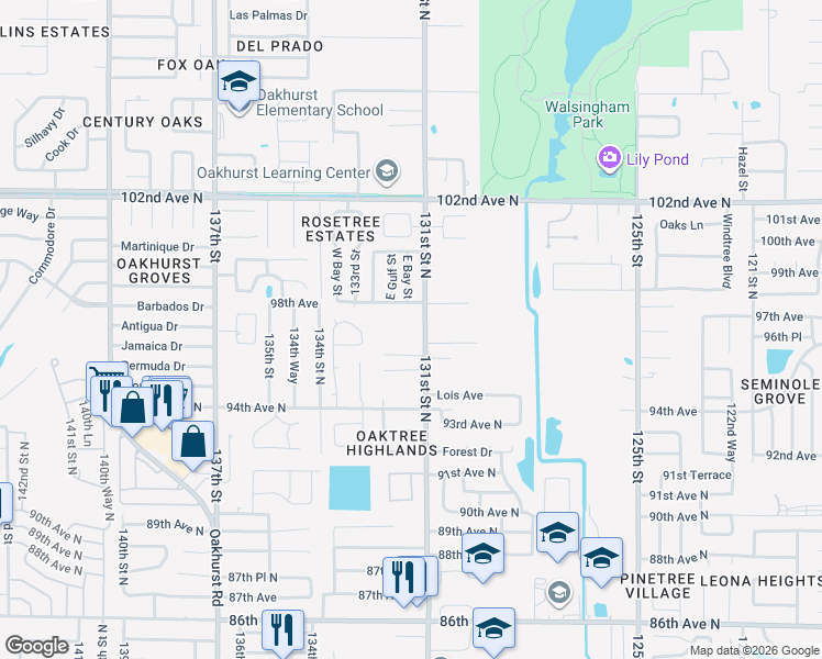 map of restaurants, bars, coffee shops, grocery stores, and more near 9700 131st Street North in Largo