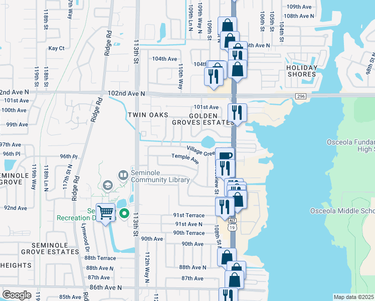 map of restaurants, bars, coffee shops, grocery stores, and more near 11000 Village Green Avenue in Seminole