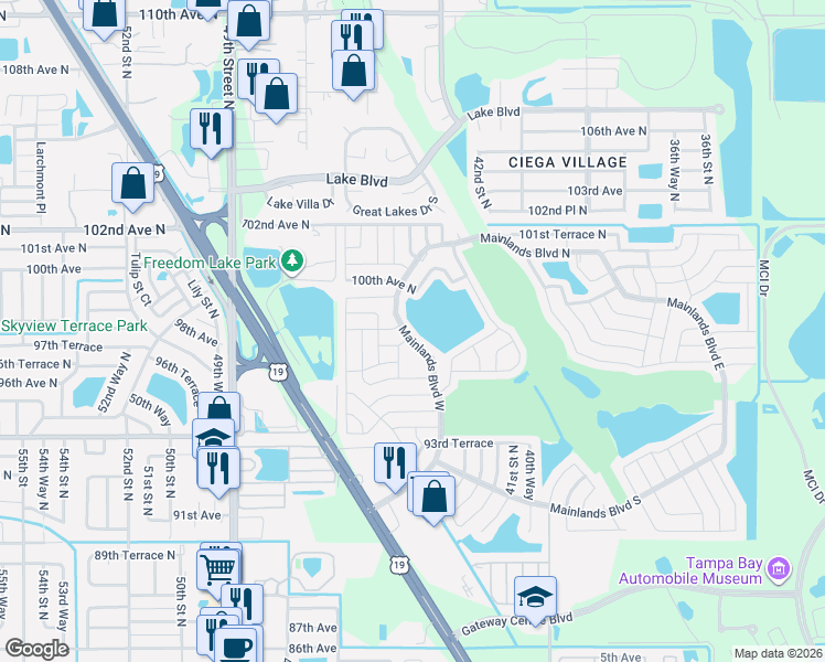 map of restaurants, bars, coffee shops, grocery stores, and more near 9705 Mainlands Boulevard West in Pinellas Park