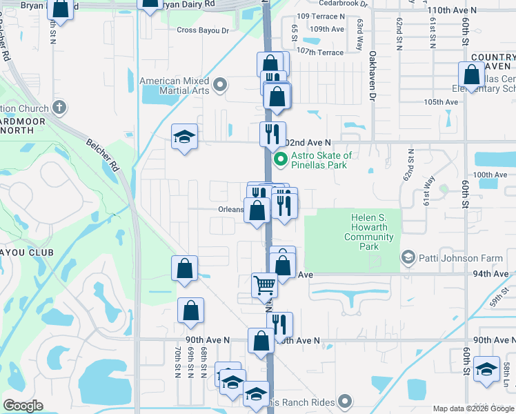 map of restaurants, bars, coffee shops, grocery stores, and more near 9865 66 Way in Pinellas Park