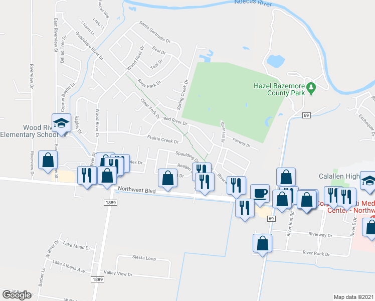 map of restaurants, bars, coffee shops, grocery stores, and more near 14602 Spaulding Drive in Corpus Christi