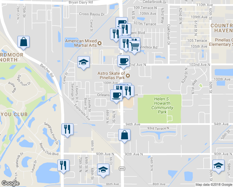 map of restaurants, bars, coffee shops, grocery stores, and more near 9865 66 Way in Pinellas Park