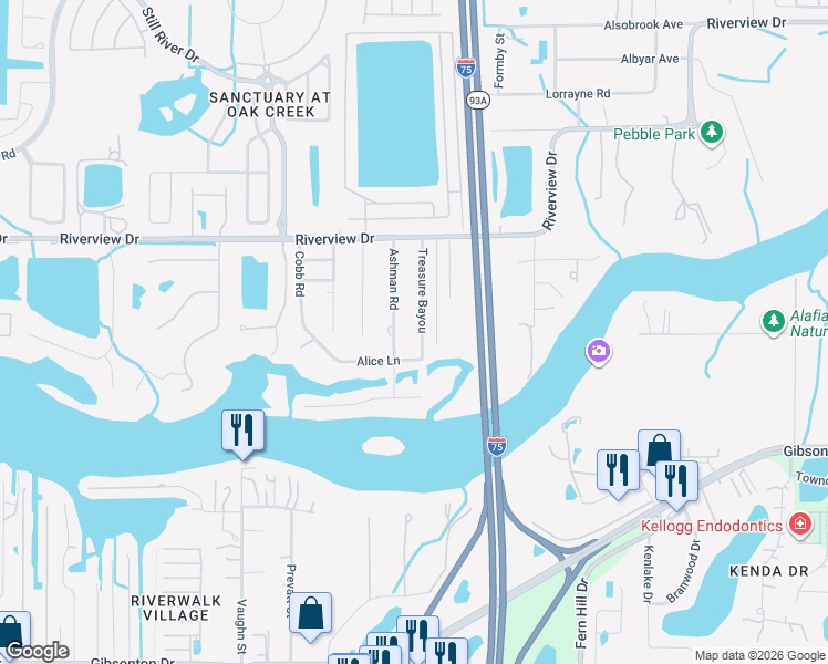 map of restaurants, bars, coffee shops, grocery stores, and more near 8837 Treasure Bayou in Riverview
