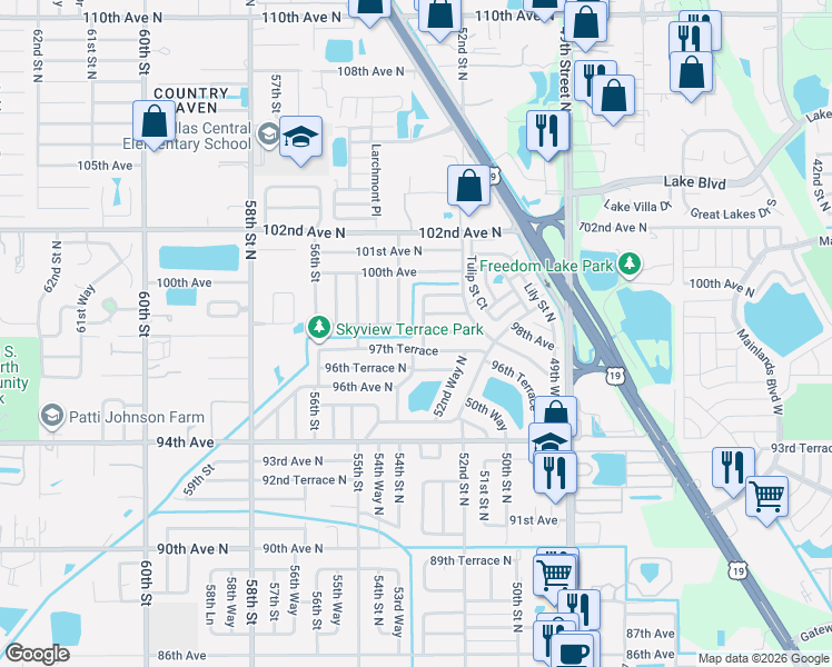 map of restaurants, bars, coffee shops, grocery stores, and more near 5260 98th Avenue in Pinellas Park