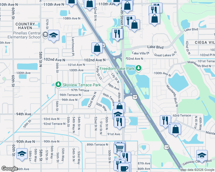 map of restaurants, bars, coffee shops, grocery stores, and more near 5100 98th Avenue North in Pinellas Park