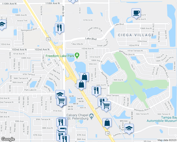 map of restaurants, bars, coffee shops, grocery stores, and more near 9799 45th Way in Pinellas Park